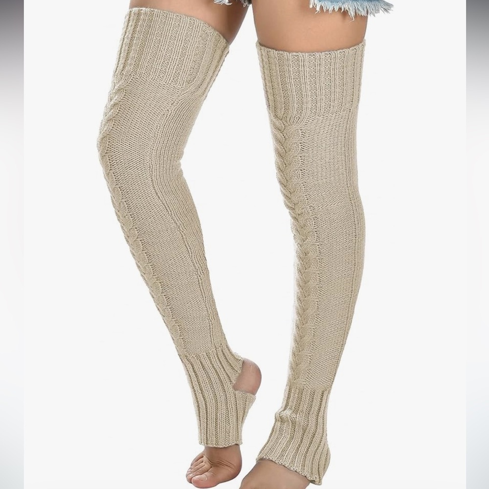 Extra long leg warmers over knee thigh high pink black cable knit yoga socks OS - Picture 3 of 6